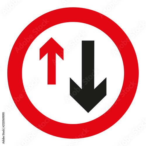 A sign symbolizing priority of movement for vehicles traveling in the opposite direction. Road sign indicating priority of oncoming traffic.