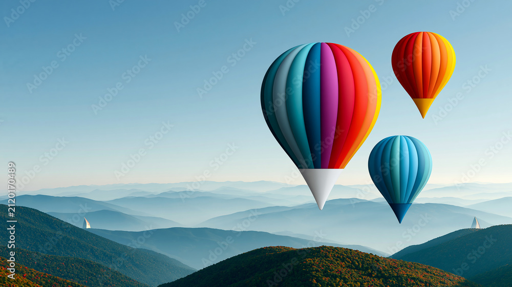 Fototapeta premium Location pin icon with hot air balloons over mountains, explore the world travel concept graphic, with copy space