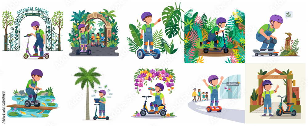 Naklejka premium Vector illustrations of a boy exploring botanical gardens on a scooter, hoverboard, and skateboard, visiting plant conservatories, ponds, and tropical parks.