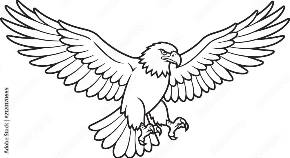 Fototapeta premium A black and white line of a bald eagle in flight, featuring fully spread wings and sharp talons reaching forward, isolated on a white background