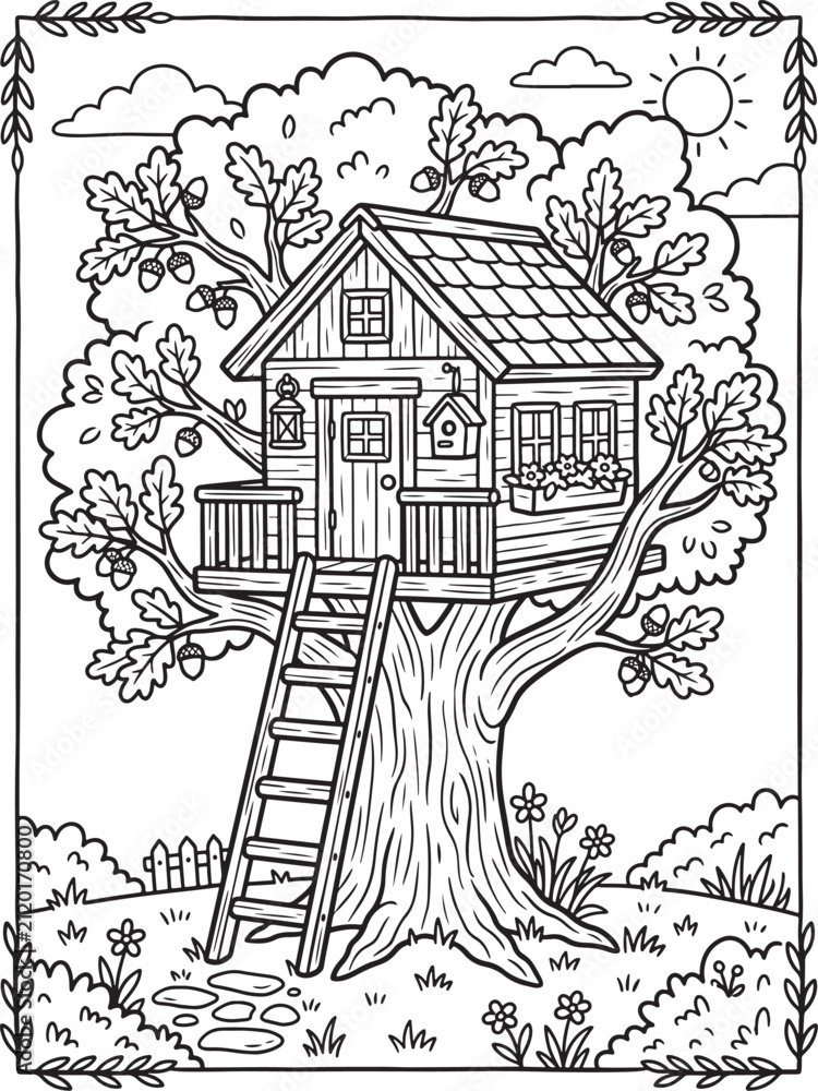 Fototapeta premium Black and white coloring page featuring a detailed treehouse built in a large oak tree with a ladder, window boxes, and acorns