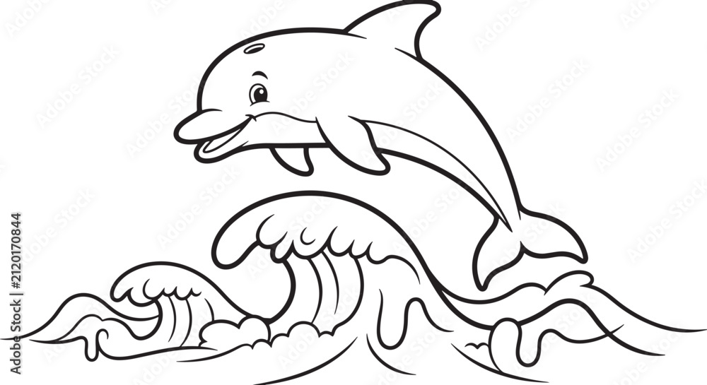 Obraz premium Black and white line of a cheerful dolphin jumping out of ocean waves, isolated on a clean white background, for coloring pages