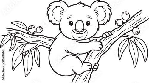 Photography Black and white line of a cute cartoon koala bear sitting on a eucalyptus tree b