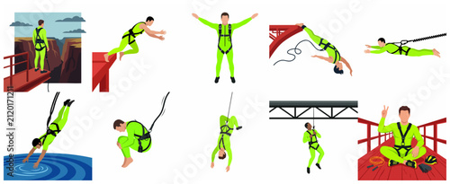 Fotografía Extreme Bungee Jumping Illustration Set featuring a Man in Neon Green Jumpsuit i