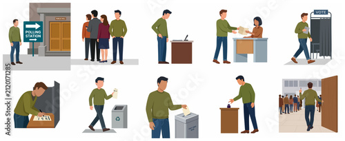 Photography Set of flat vector illustrations depicting the step-by-step process of voting at a polling station for a democratic election