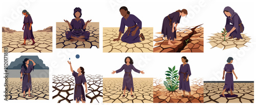 Cuadro en lienzo Flat vector illustration set of women surviving in a drought-stricken desert landscape with cracked earth, depicting climate change, water scarcity, and environmental crisis