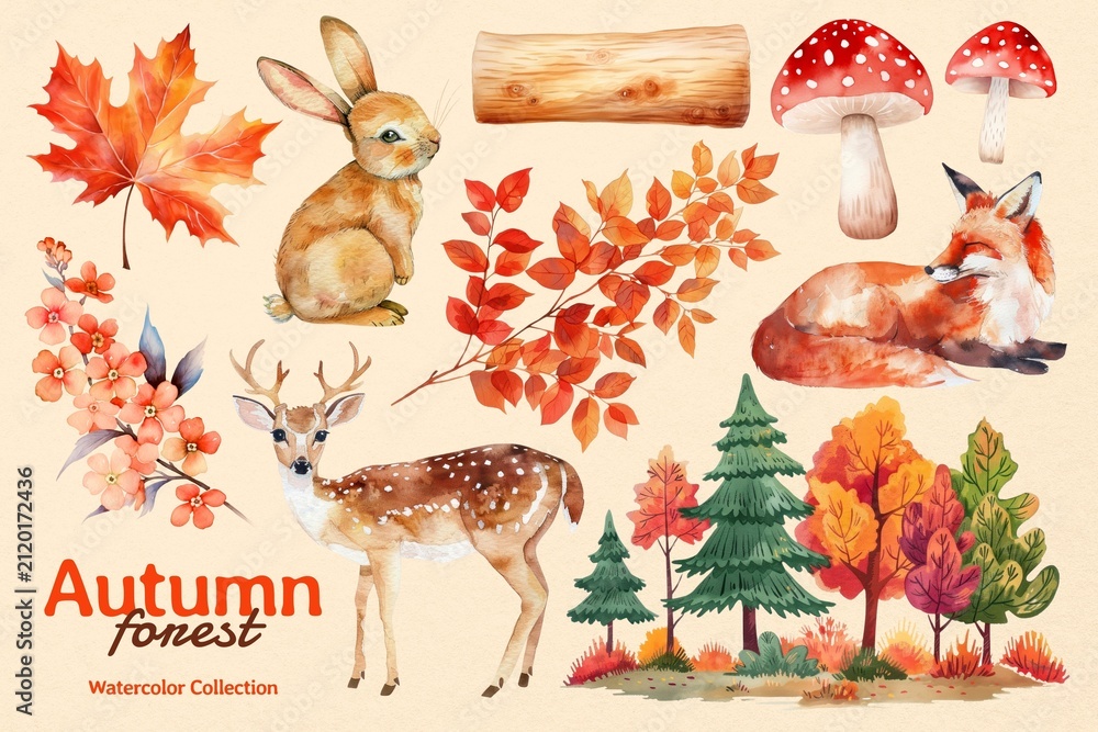 Fototapeta premium Watercolor Autumn design element set