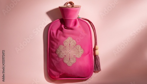 pink hot water bottle with patterned front and tassel