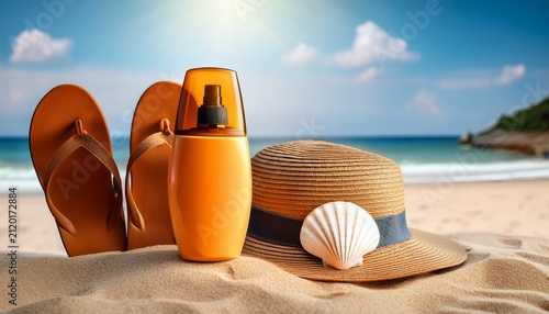 beach essentials hat sunscreen sandals and shell on sand