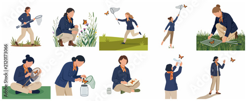 Bild auf Leinwand Collection of flat vector illustrations depicting female entomologists catching,