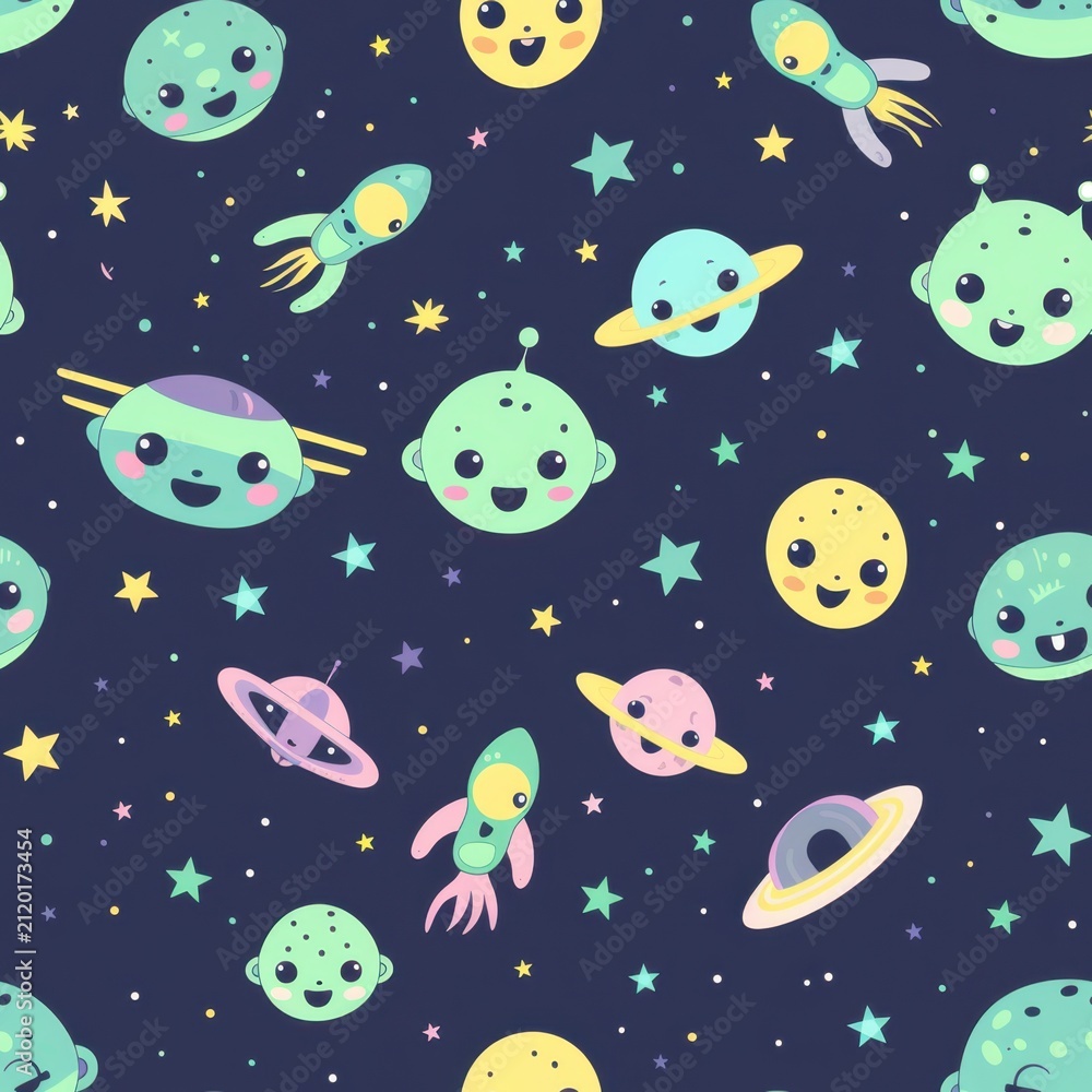 Obraz premium Cute Kawaii Outer Space Seamless Pattern Funny Aliens Planets Rocket Ships and Stars Vector Background