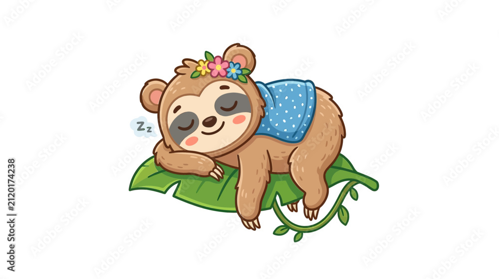Obraz premium Cute Cartoon Sloth Sleeping on Leaf with Flowers