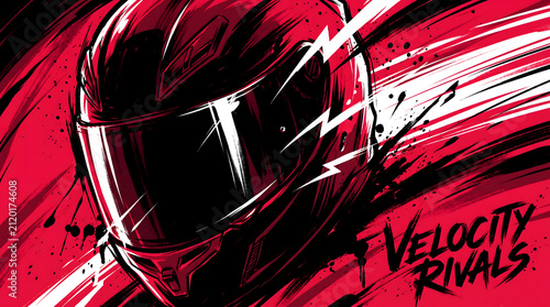 Stylized graphic art of a motorcycle helmet in red black and white with speed lines