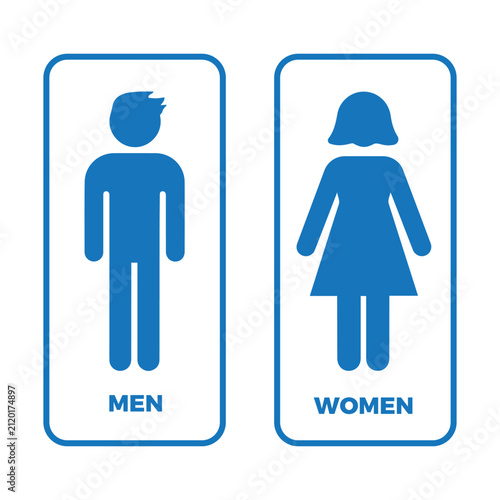Modern men and women restroom vector sign with blue pictograms on a white background. Ideal for public facilities, offices, malls, airports, hotels, hospitals, schools, and wayfinding signage.