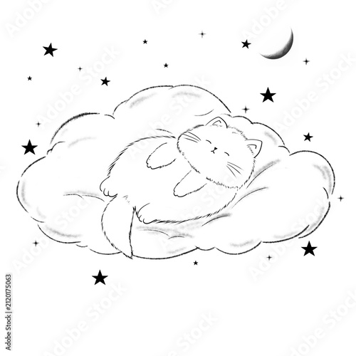 Cuadro en lienzo Line art of cute sleeping kitten resting on a fluffy cloud beneath stars and crescent moon, charming bedtime illustration for nursery, dream, relaxation, and children's design themes