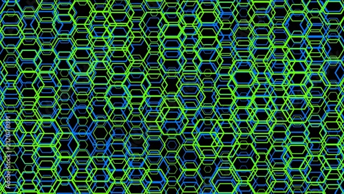 A complex geometric background consisting of interlocking blue and green hexagon outlines over a black backdrop