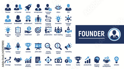 Founder startup icon set with business leadership, entrepreneurship, funding, innovation and success symbols in blue flat design