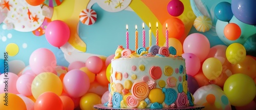 Festive birthday cake with six lit candles and vibrant balloons on a bright cheerful party background.