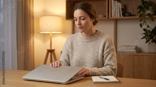 Woman closing laptop at wooden desk under lamp light representing work life balance