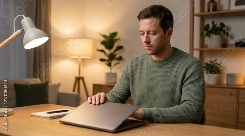 Man closing laptop computer at wooden desk under lamp representing work life balance