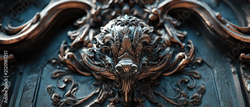Detailed close-up of intricate antique metallic relief featuring baroque floral ornaments and aged verdigris texture
