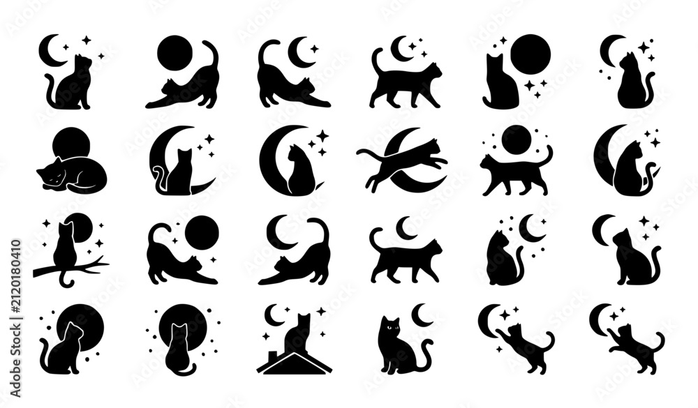 Fototapeta premium Cat and moon silhouette vector set with mystical black cats crescent and full moon shapes collection