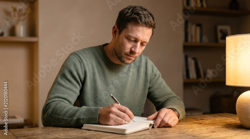 Focused man writing in paper journal at wooden table under warm desk lamp