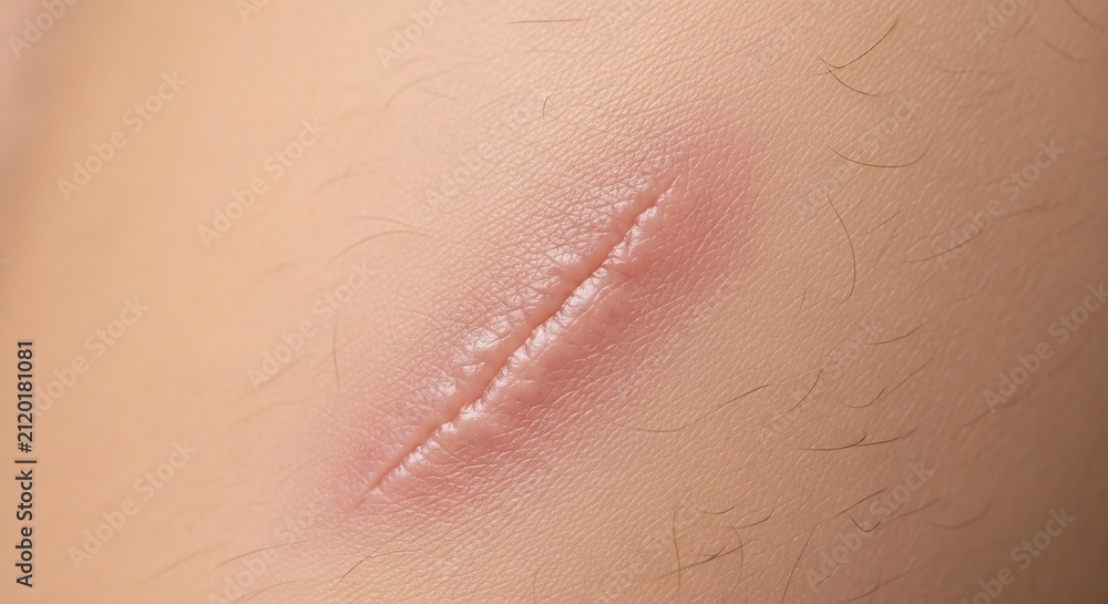 Fototapeta premium Close up view showing a linear surgical scar on human skin surface texture detail