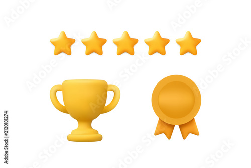 A 3d trophy medal and five star rating show quality winner award icons