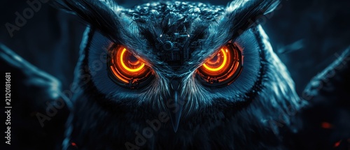 Majestic robotic owl with glowing orange eyes and intricate mechanical details in dark cinematic lighting