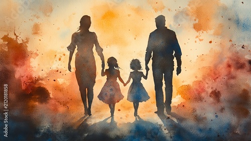 Watercolor painting of a family of four, parents and two daughters, walking handinhand