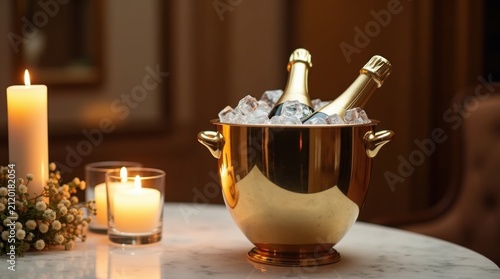 Cubitera de lujo para champán con hielo, sobre una elegante mesa de mármol junto a unas velas