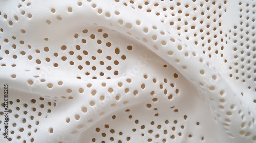 Close-up of white fabric with evenly spaced perforations, showing texture and light folds.