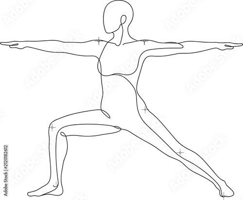 Minimalist Continuous One Line Woman Practicing Warrior Yoga Pose Vector Illustration