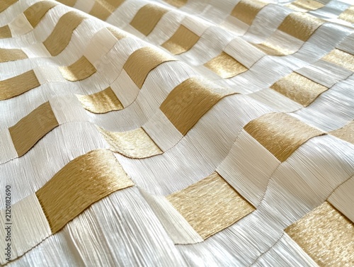 Close-up of textured fabric with a pattern of gold and white squares creating a wavy, reflective surface.