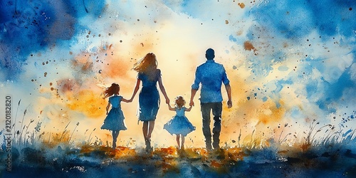 Watercolor painting of a family of four, parents and two daughters, walking handinhand