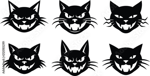 Bild auf Leinwand Collection of scary cat faces featuring a dark and menacing graphic art style si