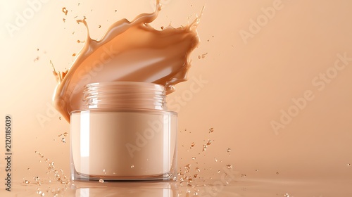 A glass jar of foundation makeup with a splash of liquid foundation