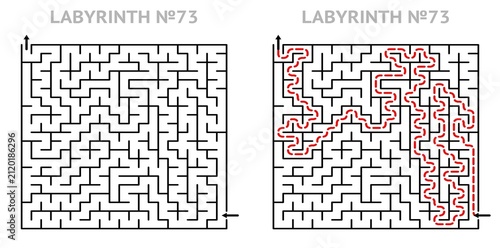 Empty grid template. Square labyrinth 21x21 with solution. Maze for kids activity. Labyrinth game grid. Easy level.