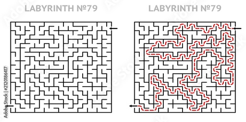 Maze challenge with answers. Square labyrinth 21x21 with solution. Ready to use geometric texture for printing.