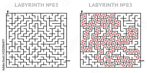 Maze challenge with answers. Square labyrinth 21x21 with solution. Ready to use geometric texture for printing.