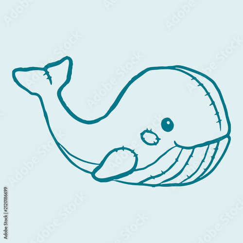 Cute whale toy in doodle outline style. Adorable cartoon vector illustration isolated on white background for stickers, nursery decor, coloring pages, children's products and prints.
