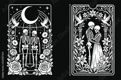 Romantic skeleton halloween tarot card vector illustration featuring loving skeletons in floral frames with moon and stars for occult gothic art
