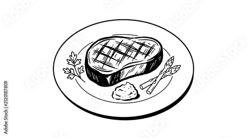 Grilled meat dish with asparagus and sauce on plate