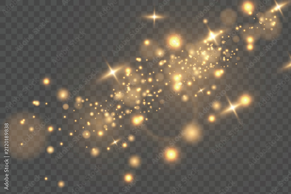 Obraz premium Golden glittering light trail with glowing particles, sparkling stars and bokeh isolated on transparent background. Luxury magic dust vector overlay for Christmas and festive designs.