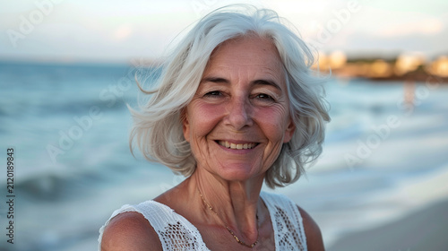 Beautiful gorgeous 50s mRadiant close up portrait of an elegant senior woman smiling warmly on the beach at golden hour
