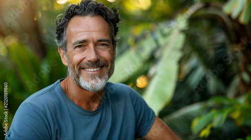 Radiant middle-aged gentleman enjoying a relaxed vacation in a lush botanical resort