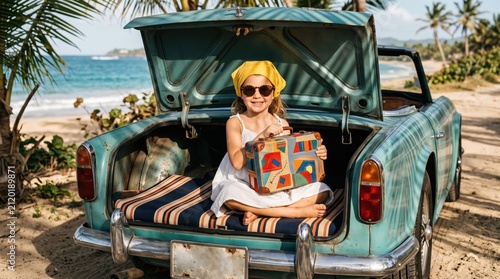 Young girl sitting in open trunk of vintage convertible on sandy beach holding colorful suitcase, child smiling in sun hat and scarf during relaxed seaside summer vacation scene