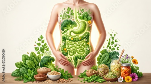 Female torso illustration highlighting stomach and intestines with plant based foods, legumes and fermented jars emphasizing gut health, digestion and natural nutrition concept