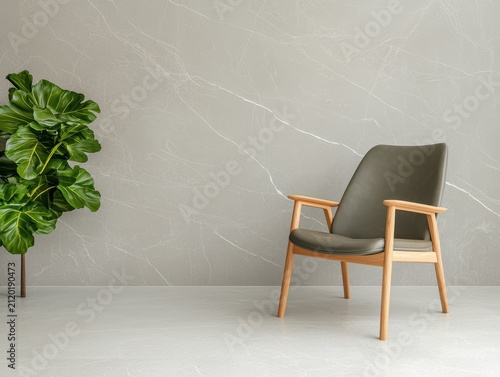 modern minimalist interior with a sleek armchair and a lush green plant against a textured gray wall.